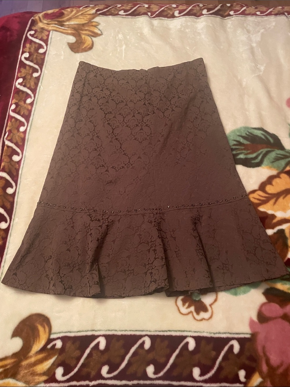 Brown Floral Jacquard Flounce Hem Skirt Size 18